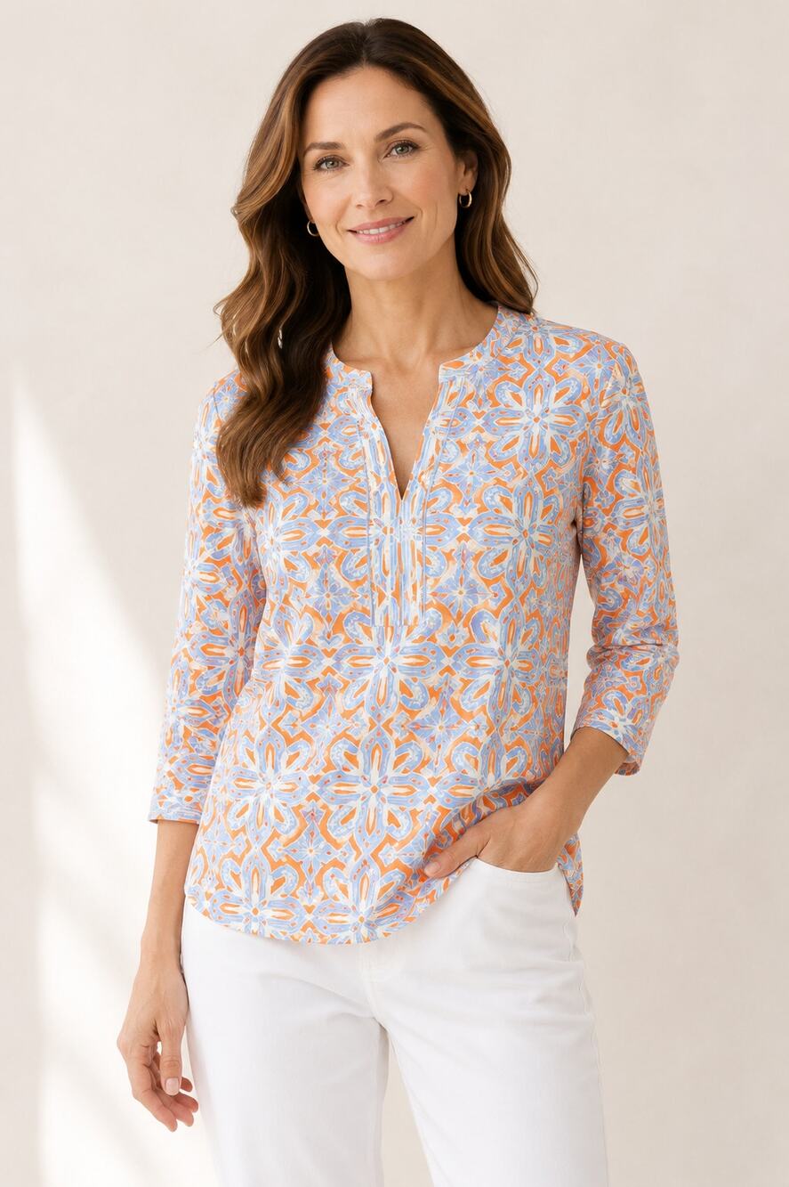 Gretchen Scott Jersey Piazza Tunic Top Womens Small Medallion Print Split Neck